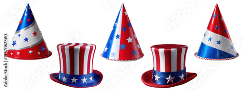 Patriotic party hats and uncle sam hats with American flag designs