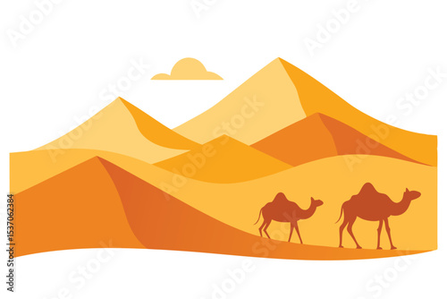 Two Camels Walking Through Sandy Desert Landscape with a Cloud Above