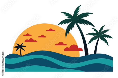 Vivid Beach Sunset with Palm Trees and Blue Ocean Waves Illustration