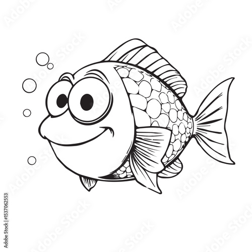 Smiling Cartoon Fish with Bubbles in Black and White Silhouette cheerful cartoon fish depicted detailed
