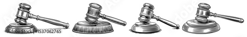 Vector Vintage judicial gavels rest on sound blocks in a series of illustrations.