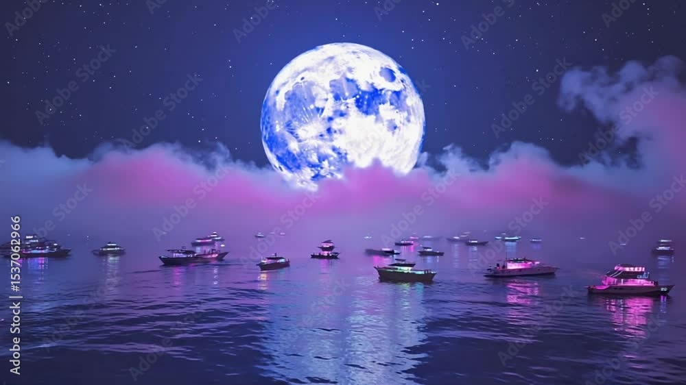 a fleet of glowing neon ships riding bioluminescent tidal wave full moon, moonlight liquid crystal waters celestial fog skies soft constellations, slow cinematic magical fantasy vibe, cinematic depth