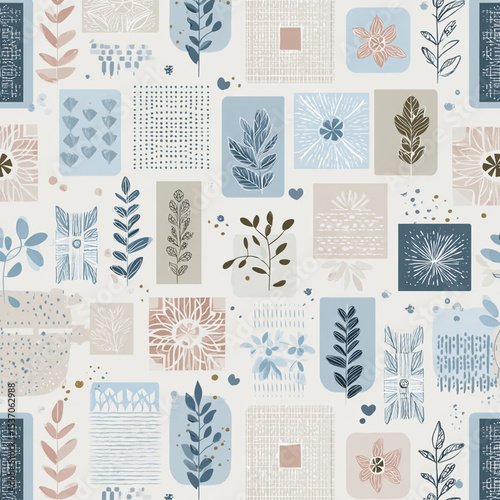 Abstract Floral and Geometric Pattern in Muted Blues Browns and Beige Featuring Botanical Elements and Textured Backgrounds for a Modern and Artistic Design Seamless and