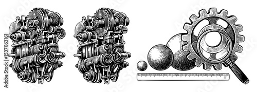 Vector Detailed mechanical engine illustrations with inspection tools.