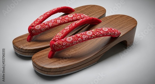 Traditional Japanese geta sandals made from wood and fabric, isolated on white background. Generative AI