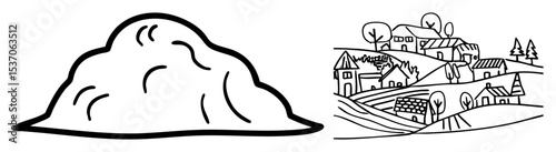 Vector Hillside village and solitary mound .