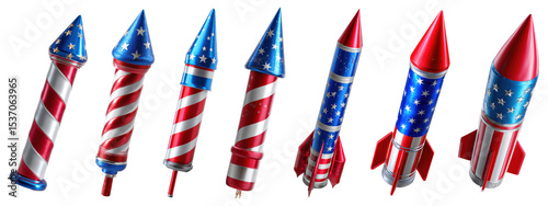 Patriotic fireworks rockets with American flag stars and stripes designs