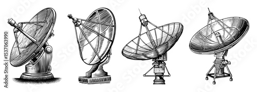 Vector Four vintage radio telescope illustrations showcase communication technology.