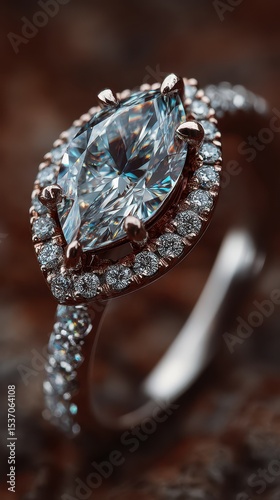 Elegant marquise cut diamond ring with intricate detailing showcased in soft lighting