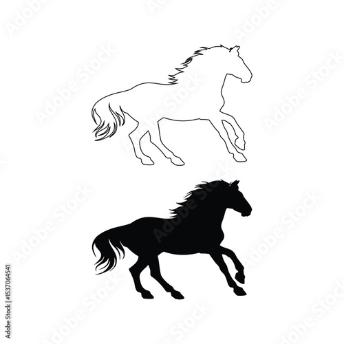 Silhouette vector and outline line art of majestic horse dynamic pose