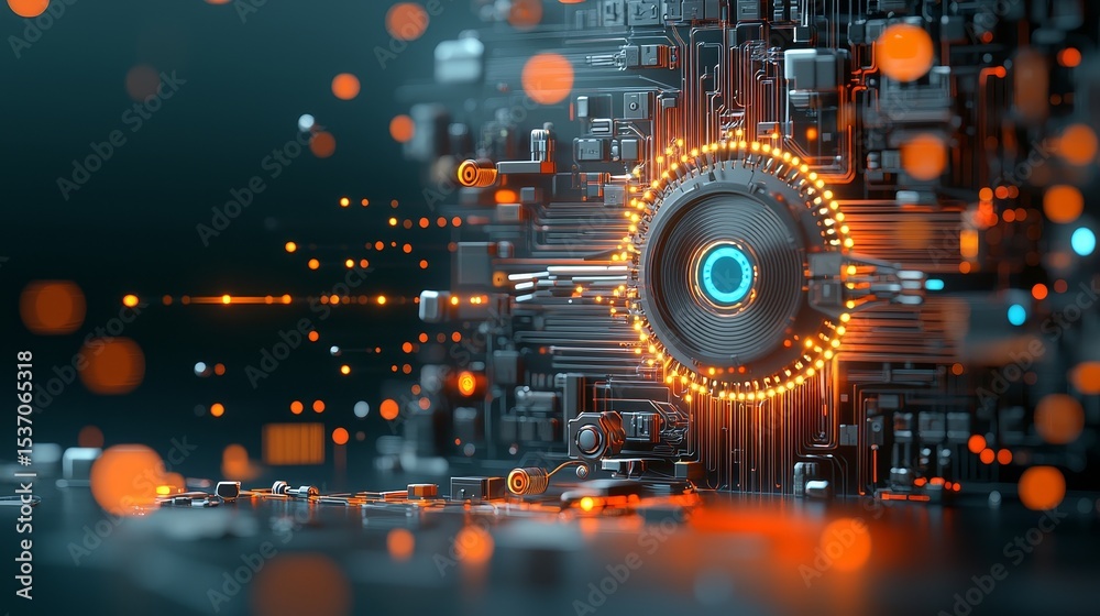 Obraz premium Dynamic technology visualization futuristic lab digital artwork high-tech environment close-up view innovation concept