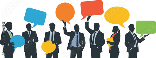 Business professionals share strategic insights via colorful speech bubbles symbolizing collaboration communication and teamwork in a modern city setting
