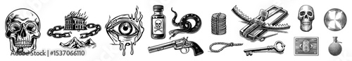 Vector Dark collection of vintage illustrations featuring skulls weapons and symbolic objects.