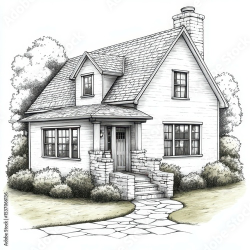 Charming cottage with detailed brick walkway and lush garden setting in a serene neighborhood