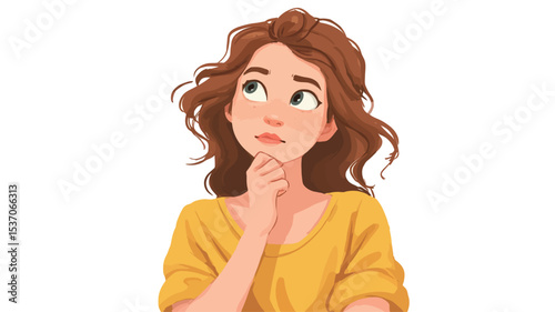 A digital illustration depicting a young woman with shoulder-length brown, wavy hair. She is looking upward with a thoughtful expression and has her hand gently resting on her chin.