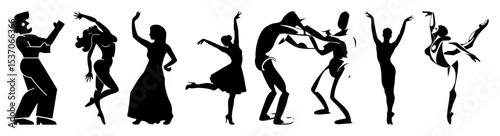 Vector Elegant silhouettes of dancing figures showcase dynamic movement and celebration.