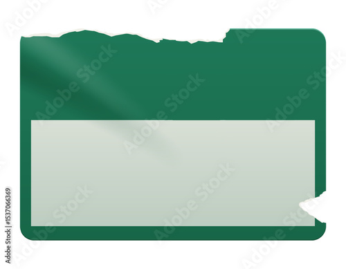 Retro green rectangle price tag sticker. Wrinkled badge with a ripped paper edge. Old distressed blank label with grunge texture for scrapbook designs.	