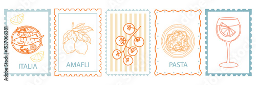 Hand drawn Italy postcard illustrations. Sardine, lemon, tomato, pasta. Italian travel and food doodles in retro stamp frames. Vector flat linear design.