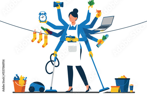 Multitasking woman with many arms doing housework, managing tasks like cleaning, cooking, working on laptop, and laundry in modern vector illustration.