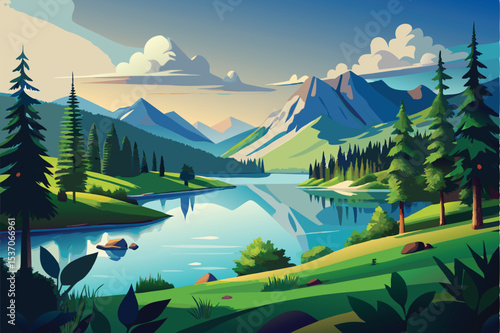 mountain landscape with lake and mountains