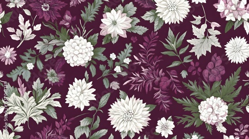 Elegant Floral Seamless Pattern Botanical Design Dark Purple Background
