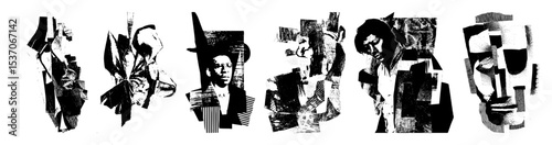 Vector Abstract fragmented portraits showcase expressive human faces.