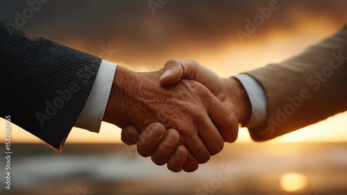 The firm handshake of a business deal, with the background being a dramatic sunset over the ocean.