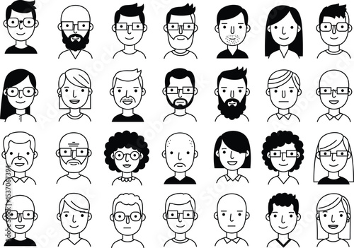 Set of black and white vector illustrations of diverse people with glasses, including men and women with various hairstyles and facial expressions for Adobe Stock.
