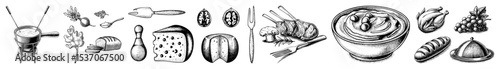 Vector Detailed illustrations of various seafood and dining elements are presented in a vintage engraving style.