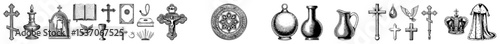 Vector Collection of intricately designed tribal shields and weaponry illustrations.
