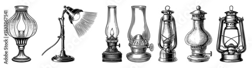 Vector Vintage illuminated devices collection in engraved style.