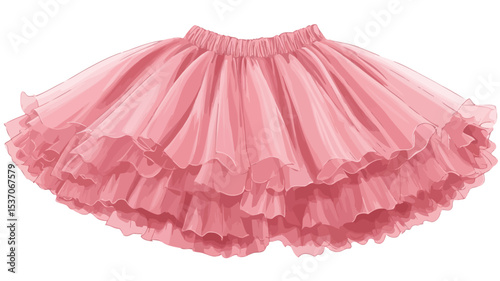 A digital illustration depicts a light pink, layered tulle pettiskirt. The skirt has multiple layers of ruffled tulle, creating a full and voluminous look.  The waistband appears to be elastic.
