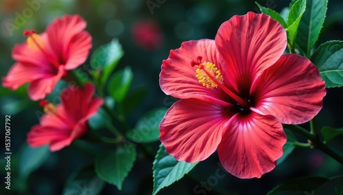Bold hibiscus blooms, tropical leaves, vibrant color burst , colorful, sunny, lush