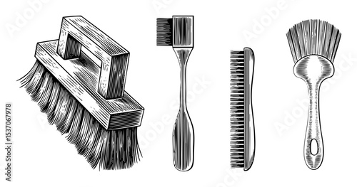 Vector Vintage grooming tools including a brush comb and polishing cloth are presented as detailed illustrations.