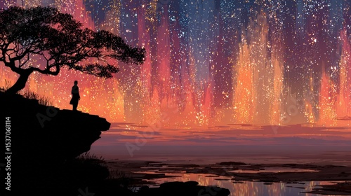 Starlit Desert Landscape with Meteor Shower Silhouette, Night Sky Illustration and Digital Art, Copy Space