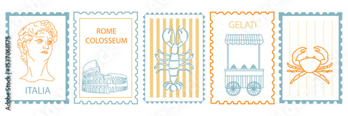 Hand drawn Italy postcard illustrations. Colosseum in Rome, Michelangelo’s David bust, lobster, crab, and gelato cart. Italian travel and food doodles in retro stamp frames. Vector flat linear design.