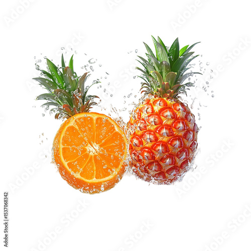 Tropical Burst: Pineapple and Orange splash, frozen in mid-air and creating a dynamic still life representing refreshing, healthy nutrition
