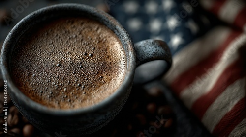 Rich coffee in a textured mug surrounded by coffee beans and an American flag on a dark surface