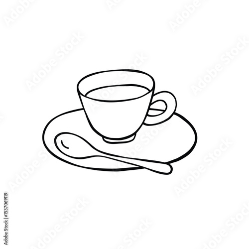 A cup of tea, coffee on a small plate, a spoon hand-drawn vector illustration. Minimalist drawing isolated on white background.