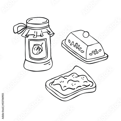 Jelly sendwich, strawberry jam jar, butter dish hand-drawn vector illustration. Minimalist drawing isolated on white background.