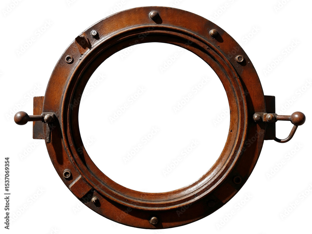 Obraz premium Antique wooden ship porthole isolated on transparent background
