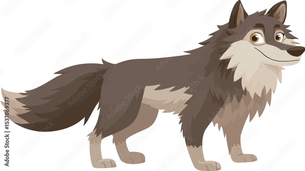 Obraz premium Digital illustration of a cartoon wolf. The wolf is depicted in a side profile view, standing with its body facing left. It has a light brown and grey coat, with darker shading around its legs and