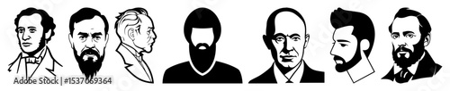 Vector Stylized vector portraits of diverse men with beards and distinct facial features.