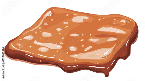 A digital illustration depicting a square piece of toast generously covered with melted caramel. The caramel is glossy and shows variations in color and texture, with some areas appearing thicker