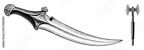 Vector Antique dagger and battle showcases historical weaponry.