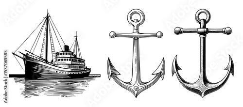 Vector Vintage sailing ship and ornate anchors .