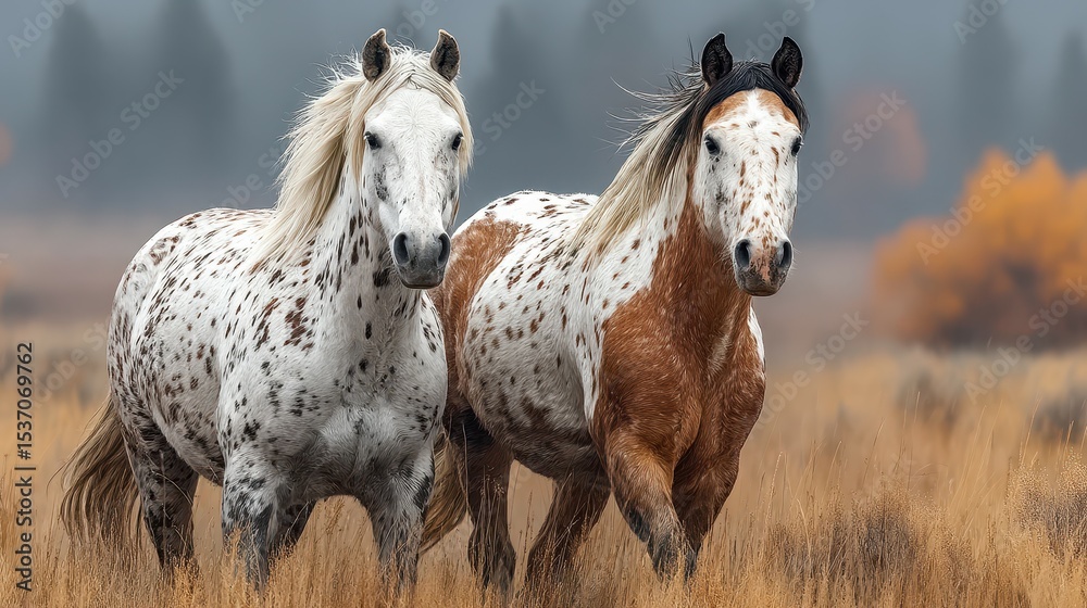 Obraz premium Horses with unique coat patterns in a scenic field during early morning light