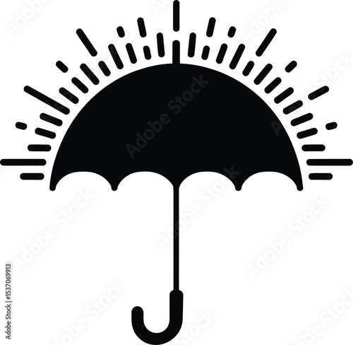 A Vector Illustration of Umbrella with Radiating Sun Halo Clean Black and White Style, umbrella icon vector illustration