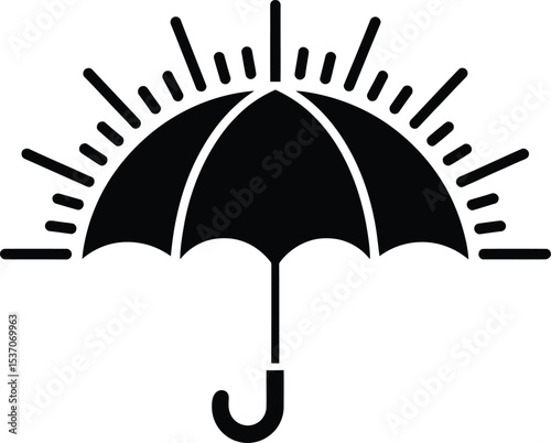 A Minimalist Sun and Umbrella Silhouette – Circular Open Umbrella with Radiant Effect, black umbrella vector illustration