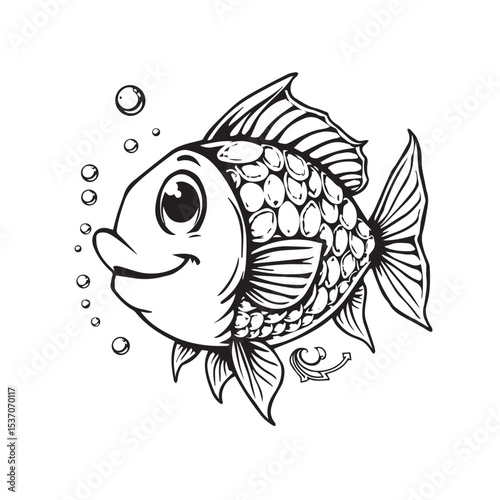 Playful Cartoon Fish with Bubbles in Black and White Silhouette cheerful cartoon fish swims amidst